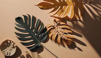 abstract achtergrond met tropisch palm bladeren schaduw Aan beige muur, creatief minimaal ontwerp met kopiëren ruimte, zomer concept, vlak leggen , genereren ai foto