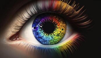 vrouw oog met kleurrijk leerling. dichtbij omhoog van regenboog oog. gemaakt met generatief ai foto