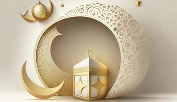 Islamitisch achtergrond, geschenk doos, lantaarn, goud halve maan maan Aan wit. ontwerp concept van Ramadan kareem, mawlid, iftar, isra en miraj of eid al fitr adha, 3d illustratie, genereren ai foto