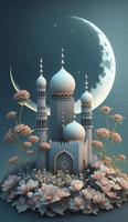 moskee en maan Aan blauw achtergrond. 3d geven en illustratie, genereren ai foto