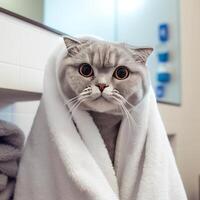 vouwen kat geknuffeld in groot wit handdoek generatief ai foto