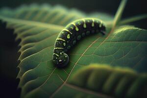 worm Aan blad. dichtbij omhoog. ai gegenereerd foto