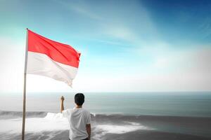 een Mens Holding een rood en wit Indonesië vlag op zoek Bij de oceaan. ai gegenereerd foto