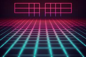 neon licht retro achtergrond futuristische rooster landschap van de jaren 80, digitaal cyber oppervlak. ai gegenereerd foto