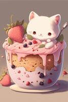 wit kat zittend in een kom van aardbeien. generatief ai. foto