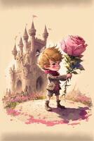 weinig jongen Holding een roos in voorkant van een kasteel. generatief ai. foto