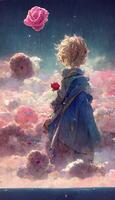 schilderij van een kind op zoek Bij een roos in de lucht. generatief ai. foto