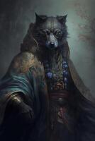 schilderij van een Mens gekleed net zo een wolf. generatief ai. foto