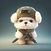 klein wit hond vervelend een hoed en Holding een pistool. generatief ai. foto