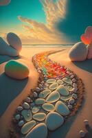 schilderij van rotsen en een regenboog Aan een strand. generatief ai. foto