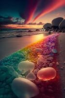regenboog van rotsen Aan een strand Bij zonsondergang. generatief ai. foto