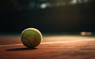 dichtbij omhoog van tennis bal Aan klei baan.tennis bal. generatief ai. foto