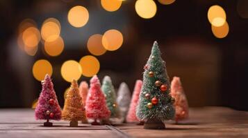 Kerstmis boom decoratie Aan houten achtergrond. generatief ai. foto
