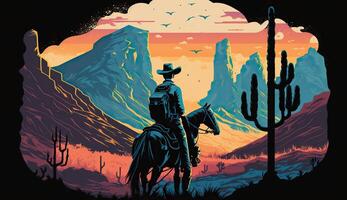 ai gegenereerd. ai generatief. western inheems Amerikaans landschap met eenzaam cowboy en desrt rotsen. wild westen. grafisch kunst foto