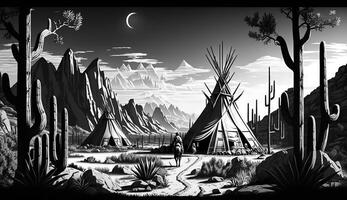 ai gegenereerd. ai generatief. inheems Amerikaans western tafereel achtergrond met cowboy wigwam desrt en rotsen. kan worden gebruikt voor huis decoratie. wild westen. zwart en wit. grafisch kunst foto