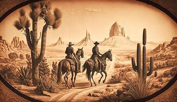 ai gegenereerd. ai generatief. inheems Amerikaans western tafereel achtergrond met cowboy wigwam desrt en rotsen. kan worden gebruikt voor huis decoratie. wild westen. grafisch kunst foto
