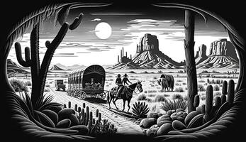 ai gegenereerd. ai generatief. inheems Amerikaans western tafereel achtergrond met cowboy wigwam desrt en rotsen. kan worden gebruikt voor huis decoratie. wild westen. zwart en wit. grafisch kunst foto