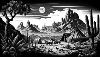 ai gegenereerd. ai generatief. inheems Amerikaans western tafereel achtergrond met cowboy wigwam desrt en rotsen. kan worden gebruikt voor huis decoratie. wild westen. zwart en wit. grafisch kunst foto