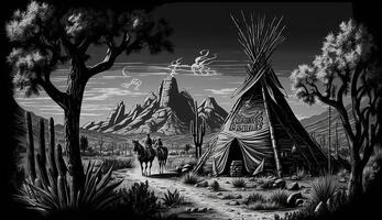 ai gegenereerd. ai generatief. inheems Amerikaans western tafereel achtergrond met cowboy wigwam desrt en rotsen. kan worden gebruikt voor huis decoratie. wild westen. zwart en wit. grafisch kunst foto