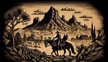 ai gegenereerd. ai generatief. inheems Amerikaans western tafereel achtergrond met cowboy wigwam desrt en rotsen. kan worden gebruikt voor huis decoratie. wild westen. grafisch kunst foto