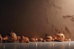 spookachtig halloween pompoen, jack O lantaarn, met een onheil gezicht en ogen Aan een houten bank, tafel met een nevelig nacht achtergrond met ruimte voor Product plaatsing. generatief ai. foto