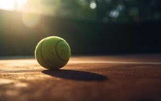 dichtbij omhoog van tennis bal Aan klei baan.tennis bal. generatief ai. foto