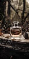 parfum fles Aan een boom Afdeling gedekt met mos en korstmos in de herfst Woud. de concept van natuurlijk geuren. generatief ai foto