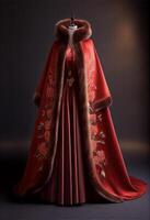 rood jas met een vacht halsband Aan een mannequin. generatief ai. foto