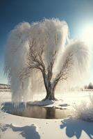 boom gedekt in sneeuw De volgende naar een lichaam van water. generatief ai. foto