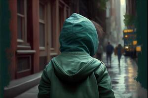 persoon in een groen jasje wandelen naar beneden een straat. generatief ai. foto