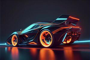 futuristische auto met gloeiend wielen in een donker kamer. generatief ai. foto