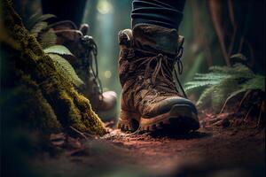 dichtbij omhoog van een personen schoenen in de bossen. generatief ai. foto