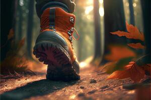 dichtbij omhoog van een personen schoenen in de bossen. generatief ai. foto