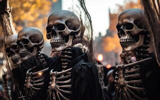 halloween optocht eng skeletten het marcheren team. generatief ai. foto