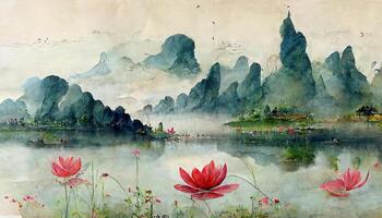 geweldig groot en breed inkt landschap schilderij in Chinese schilderij en 3d illustratie stijl. generatief ai foto