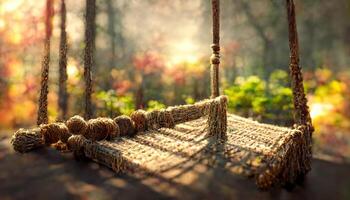 verbazingwekkend oud houten terras met rieten schommel hangen Aan de boom met wazig natuur achtergrond 3d veroorzaken. generatief ai foto