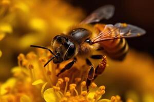 macro schot van een bij, moeilijk Bij werk bijeenkomst nectar Aan levendig geel bloeien. generatief ai foto