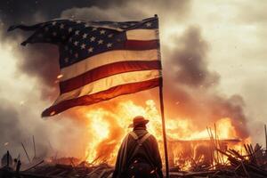 vlammen verzwelgen een Amerikaans vlag, symboliseert onrust en conflict. generatief ai foto