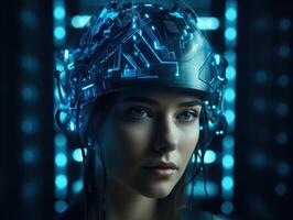 futuristische humanoid robot illustreert Aan blauw achtergrond snijdend rand kunstmatig intelligentie- technologie concepten. generatief ai foto