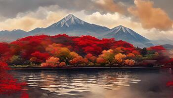 herfst seizoen en berg fuji Bij kawaguchiko meer, Japan. generatief ai foto