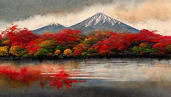 buitengewoon kleurrijk herfst seizoen en berg fuji met rood bladeren Bij meer kawaguchiko in Japan. generatief ai foto