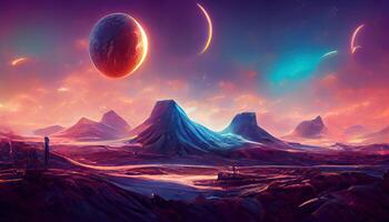 futuristische fantasie landschap, sci-fi landschap met planeet, neon licht, verkoudheid planeet, 3d illustratie. generatief ai foto