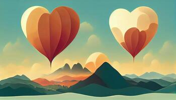 illustratie van berg visie landschap met hart vorm heet lucht ballonnen vlotter omhoog in de lucht Aan 3d papier kunst. generatief ai foto