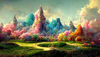 verbazingwekkend 3d renderen van een kleurrijk fantasie landschap, gedetailleerd, gekleurd. generatief ai foto
