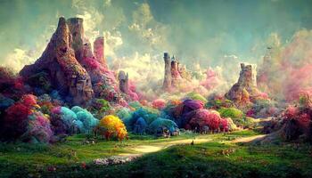 buitengewoon 3d renderen van een kleurrijk fantasie landschap, gedetailleerd, gekleurd. generatief ai foto