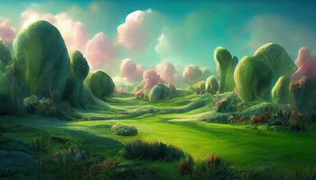 kinderjaren fantasie wereld droom groen landschap 3d met zacht vormen en pastel kleuren. generatief ai foto