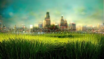 nieuw stad tegen groen veld- en blauw lucht. generatief ai foto