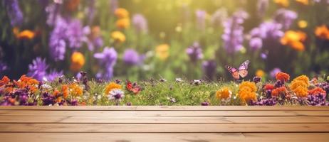leeg houten tafel versierd met kleurrijk bloemen en vlinders. wazig bokeh voorjaar achtergrond. kopiëren ruimte. voor Product Scherm. Sjablonen, media, afdrukken, enz, genereren ai foto