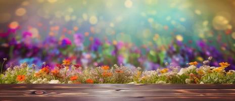 leeg houten tafel versierd met kleurrijk bloemen. wazig bokeh voorjaar achtergrond. kopiëren ruimte. voor Product Scherm. Sjablonen, media, afdrukken, enz., genereren ai foto