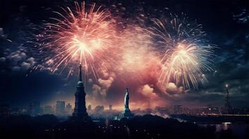 achtergrond landschap van standbeeld van vrijheid, stad en vuurwerk decoratie, Amerikaans onafhankelijkheid dag viering concept, genereren ai foto